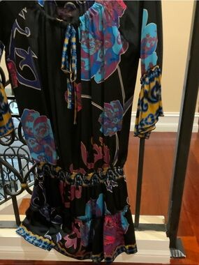 Hale Bob Black Mini Dress with Blue, Purple & Yellow Floral Print